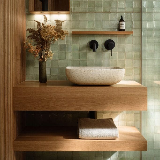 Bathroom vanity with sage green tiles