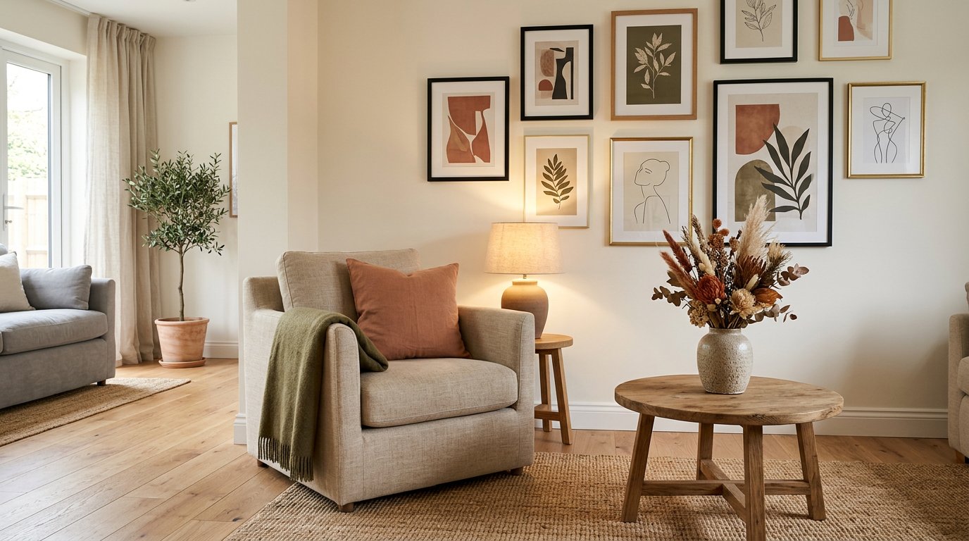 Cozy earthy reading nook with linen armchair