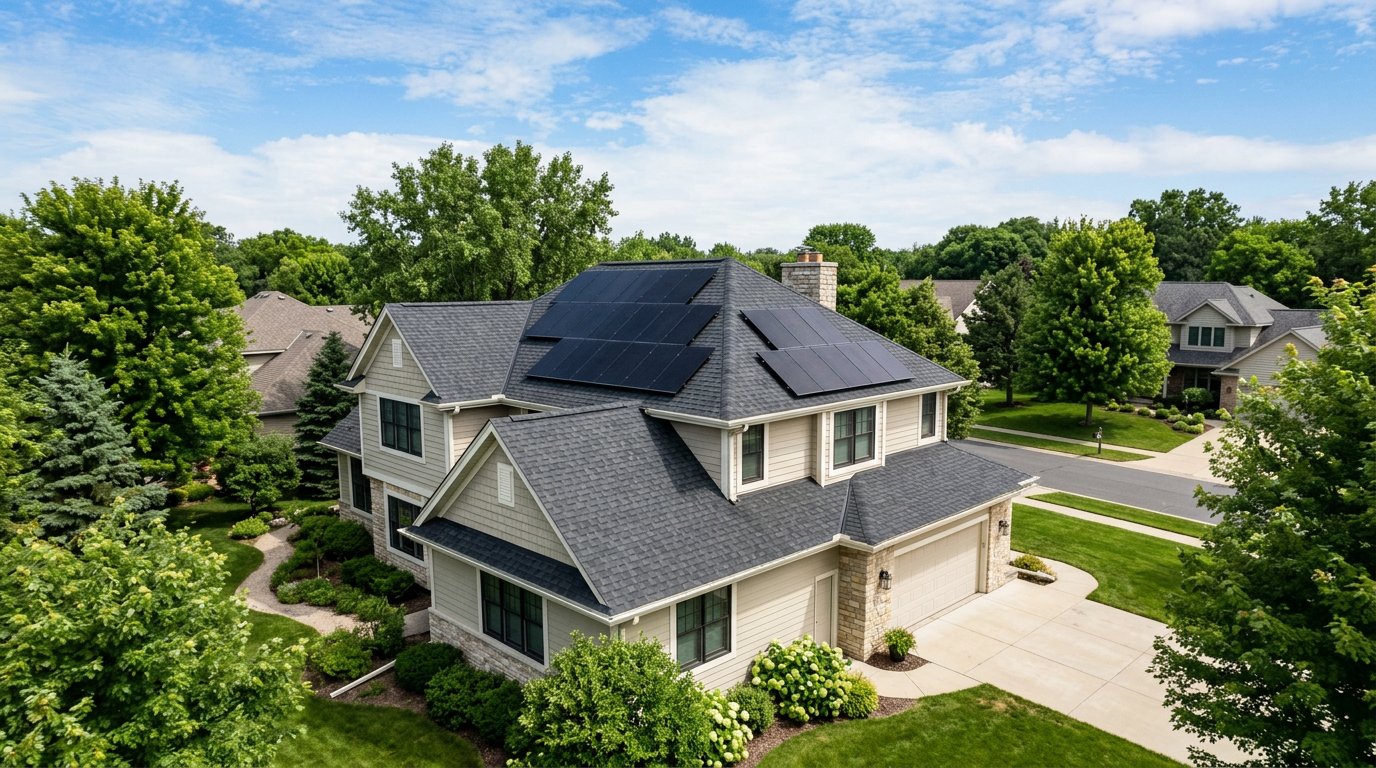 Solar panels on a suburban home roof in bright sunshine